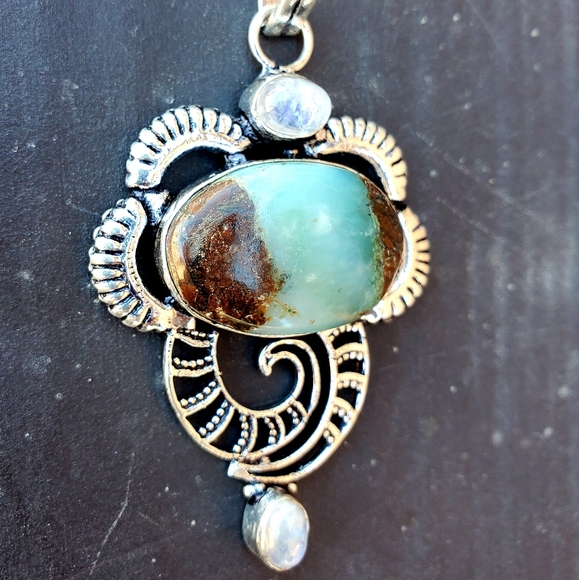 New Chrysoprase & Rainbow Moonstone 925 Silver Pendant - Picture 9 of 16